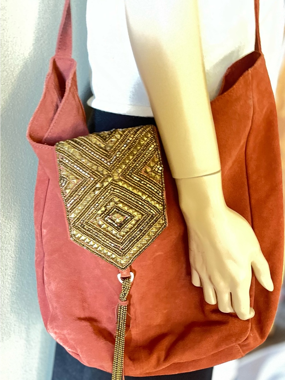 Anthropologie Beaded Flap Crossbody Suede  Tangerine with  Beaded Closure